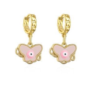 Golden butterfly earrings with pink enamel and evil eye charms on white background