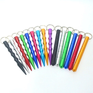 Detailed fan-shaped display of multi-color aluminum kubotan keychains with anti-slip grooves
