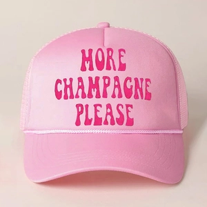 Pink trucker hat with More Champagne Please print and breathable mesh design