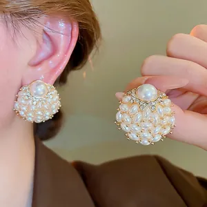 Faux Artificial Pearl Flower Cluster Stud Earrings With 925 Sterling Silver Earring Post Rhinestone Vintage Palace Style For Women