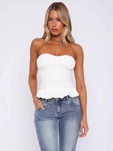 Chic Y2K white tube top for women with ruffle hem and gathered pleated details
