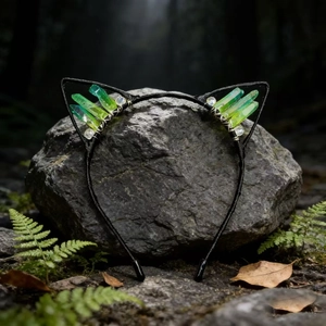 Detail of green crystal cat ear headband with black wire frame on a forest rock