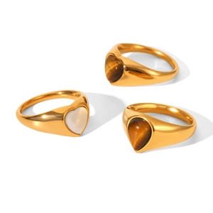 Three-piece set of gold stainless steel rings with white shell heart and tiger eye stone