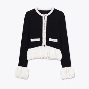 Women Knitted Cardigan Sweater Elegant Contrast Color Ribbed Knit Top With Ruffle Hem And Golden Buttons Flare Sleeve