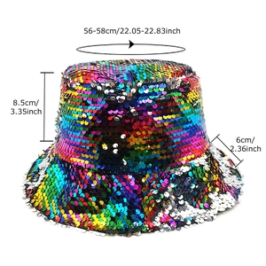 Colorful sequin bucket hat for women with reversible design and dimensions visualization