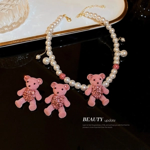 Pink flocked bear jewelry set with pearl necklace and rhinestone stud earrings