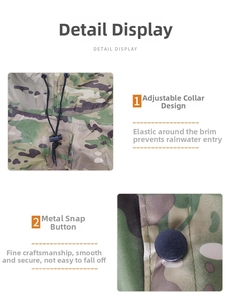 Detail display of camo raincoat featuring adjustable drawstring neck and metal snap buttons
