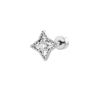 Silver rhombus geometric cartilage stud earring with beaded edge and round gemstone