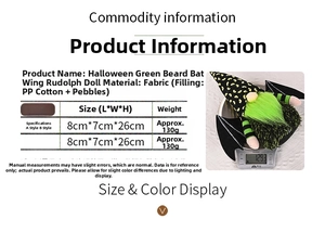 Size specifications for Halloween gnome with green beard and bat wings weighing 130g