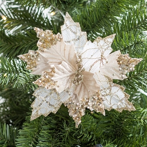 Fleur de poinsettia pailletée or et blanc pour décoration de sapin de Noël