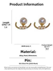 Detailed view of rhinestone and pearl curved earrings with 925 silver needle size markings