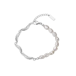 Irregular baroque pearl and hammered silver irregular link bracelet with adjustable chain