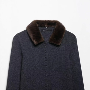 Dark grey knitted jacket featuring a brown faux fur collar and button-up front closure
