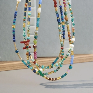 Bohemian multilayer necklace with colorful turquoise, coral beads and freshwater pearls