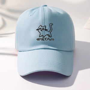 Light blue cotton baseball cap with MEOW cat embroidery and wide brimmed sun protection