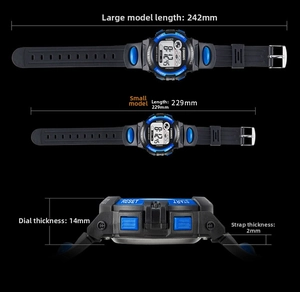 Detailed size chart for waterproof digital sports watch showing strap length and thickness