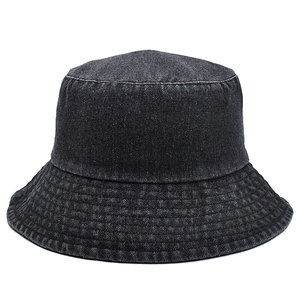 Detailed view of charcoal denim bucket hat with reinforced stitching and washed texture