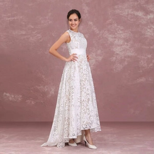 Damen Abendkleid Aus Spitze Ärmellos Rundhals Vokuhila Saum Hohe Taille Schärpe Elegant Formal Party Ballkleid