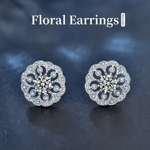Moissanite Flower Stud Earrings 925 Sterling Silver Sparkling Round Elegant Jewelry For Women