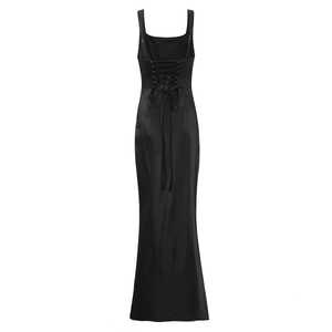 Detail of elegant black satin evening dress showing the criss-cross lace-up back design