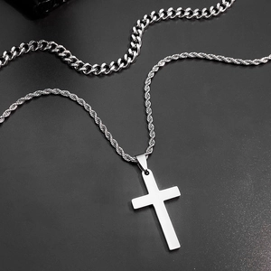 Polished stainless steel double cross pendant necklace with wheat and Cuban link chains