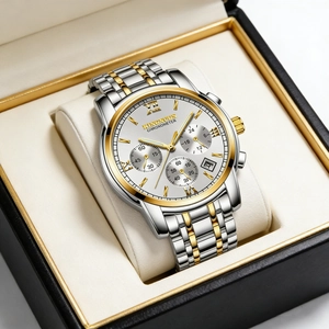 Elegant bicolor men's wristwatch with date display presented in a premium gift box