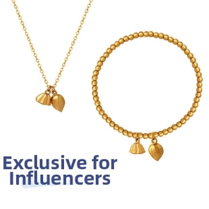Detail of golden beaded bracelet and necklace set with lotus pod and flower bud pendants