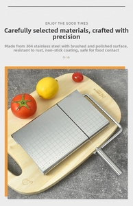 Macro detail of stainless steel cheese slicer with scale markings on a wooden board