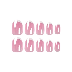 Classic French press-on nails with translucent pink base and white tips, 10 pieces set