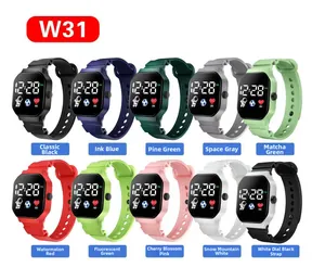 Collection of square LED electronic watches in various colors with silicone straps