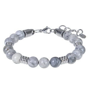 8mm natural map stone and stainless steel beaded bracelet with lobster clasp for men