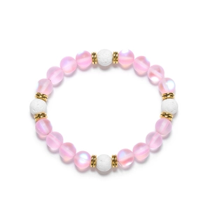 Bracelet élastique en perles roses et pierre de lave blanche avec intercalaires dorés