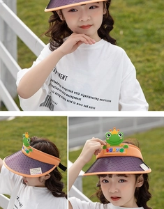 Detail of orange and purple sun visor with frog crown motif and breathable mesh