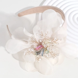 Elegant white floral headband with shimmering rhinestones and beads for wedding hair styling