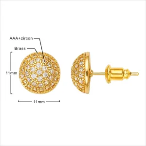 Detailed view of 11mm gold-plated brass hemisphere stud earrings with AAA+ zircon pavé