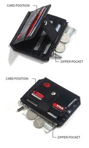 Détail du portefeuille noir brodé d'un cœur avec fentes pour cartes et poche zippée