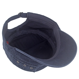 Detail view of cotton cadet cap featuring metal eyelets and adjustable back strap