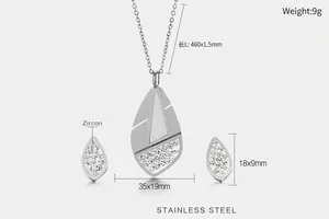Detail of silver stainless steel jewelry set with teardrop zircon pendant and size specs