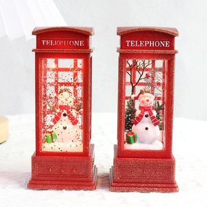 Light-up Christmas snowman lantern in vintage red telephone booth design for holiday decor