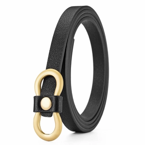 Minimalist black thin leather belt for women featuring a stylish golden double-ring buckle