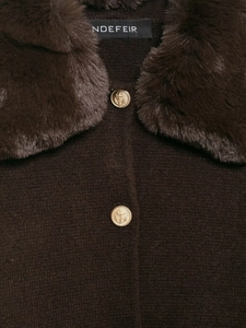 Detail of dark brown knit jacket featuring a faux fur collar and golden embossed buttons