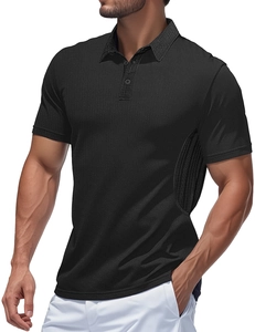 Detail of black men's cotton polo shirt with breathable honeycomb fabric texture