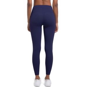 Vue arrière du legging de yoga taille haute bleu foncé avec coupe slim et design sans couture