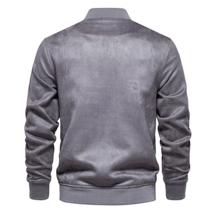 Vue arrière du blouson en daim gris avec col montant et ourlet en maille côtelée