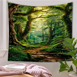 Detailed view of large forest landscape tapestry hanging in a cozy bedroom setting