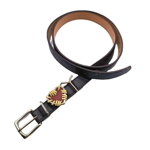 Close-up of brown PU leather belt featuring a red heart accent with yellow stitching detail