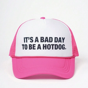 Pink and white Y2K trucker hat with It's a Bad Day to be a Hotdog slogan print
