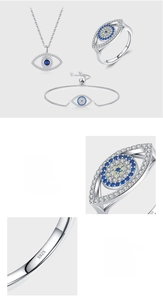 Detailed view of S925 sterling silver evil eye set with blue and white zircon pave setting
