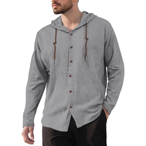 Men's casual grey linen hoodie shirt with long sleeves and button front closure