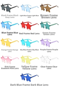 Detailed grid showing thirteen colorful rimless star shaped sunglasses for party fashion